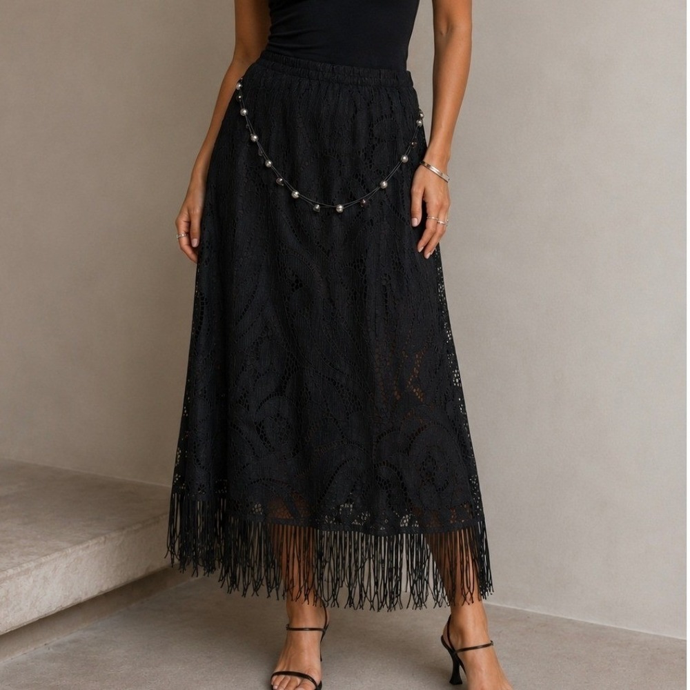 Lace Maxi Skirt S Black Gothic Glam Beaded Fringe Witchy Whimsigoth nwt
